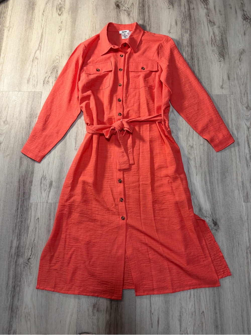 DKNY Coral Button-Front Midi Shirt Dress with Tie Waist